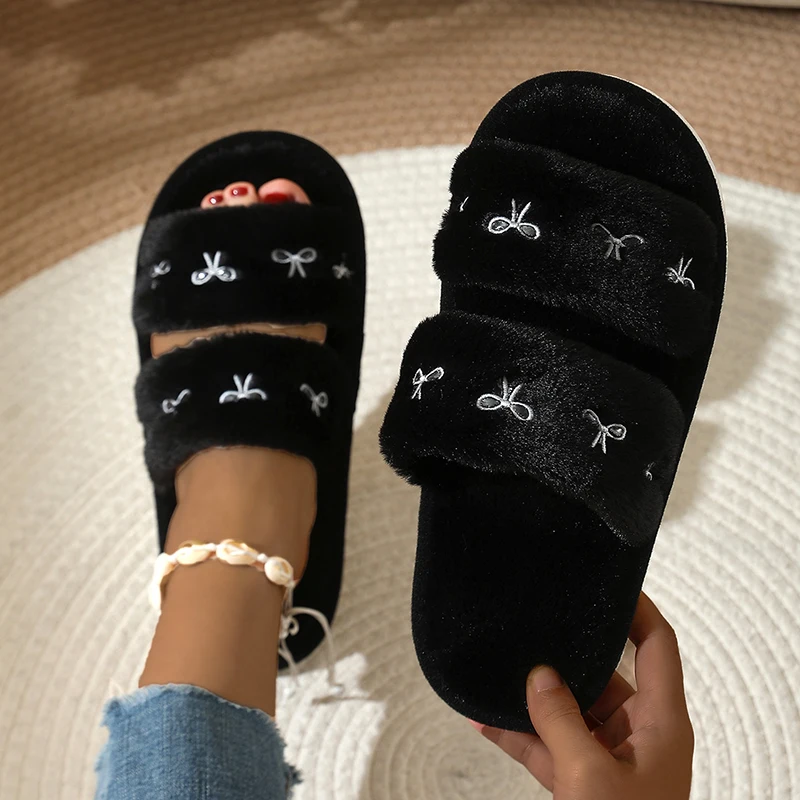 Embroidery Design - Fashion Bow Embroidery Fluffy Slippers Women