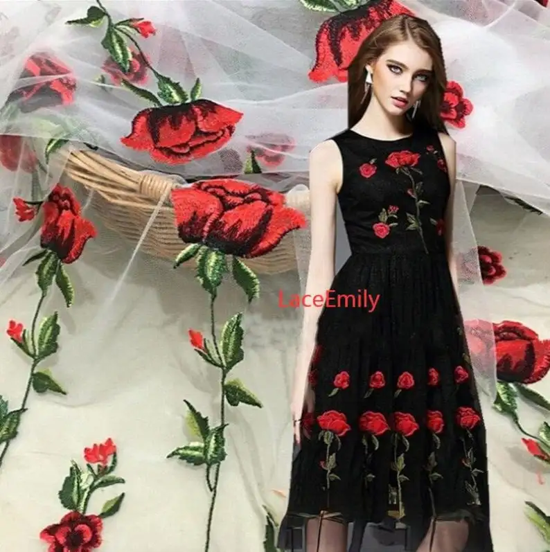 Red Rose Lace Fabric flower em - đánh giá và giá Embroidery Roses