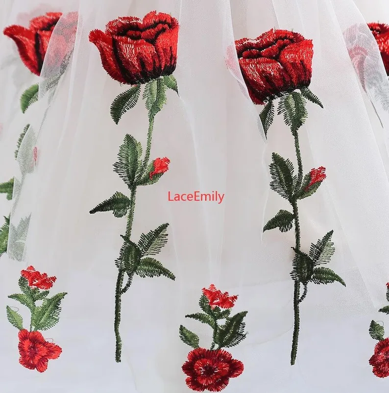 Red Rose Lace Fabric flower em - đánh giá và giá Embroidery Roses